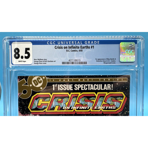 DC Crisis on Infinite Earths #1 CGC 8.5 White Pages 1st Blue Beetle DC 1985