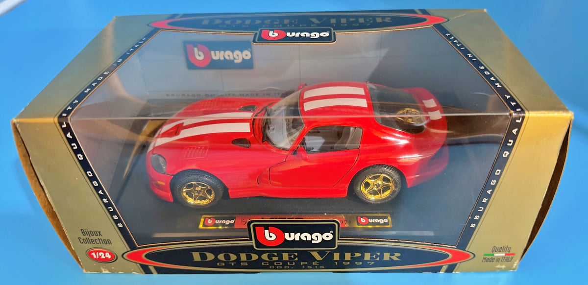 Bburago 1:24 1997 Dodge Viper GTS Coupe Red White Stripes Cod 1515 - Made in Italy - Never Removed - C-6 Box - The A.M.Y. Depot