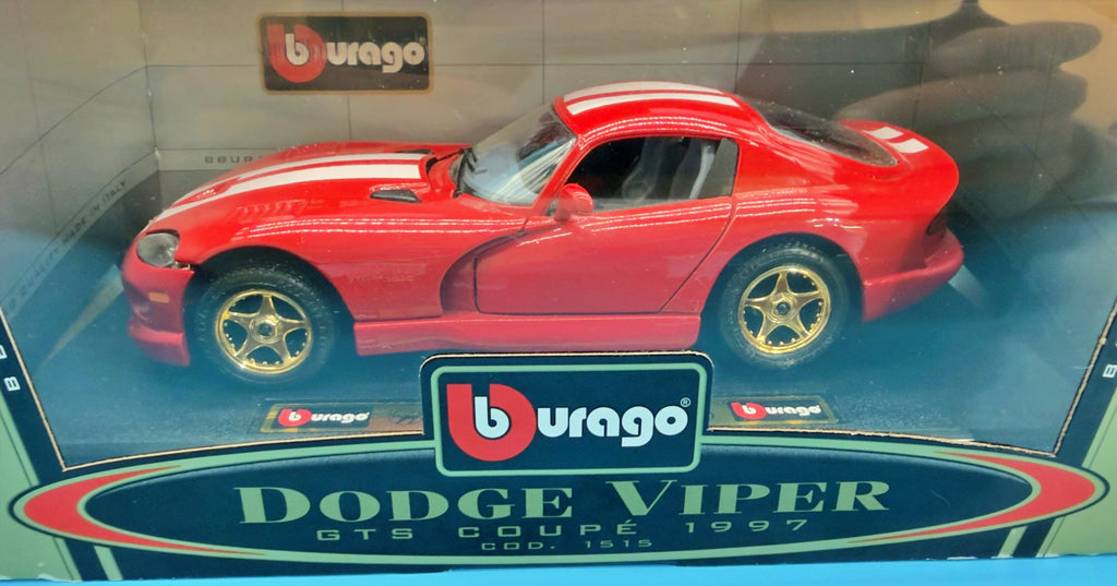 Bburago 1:24 1997 Dodge Viper GTS Coupe Red White Stripes Cod 1515 - Made in Italy - Never Removed - C-6 Box - The A.M.Y. Depot