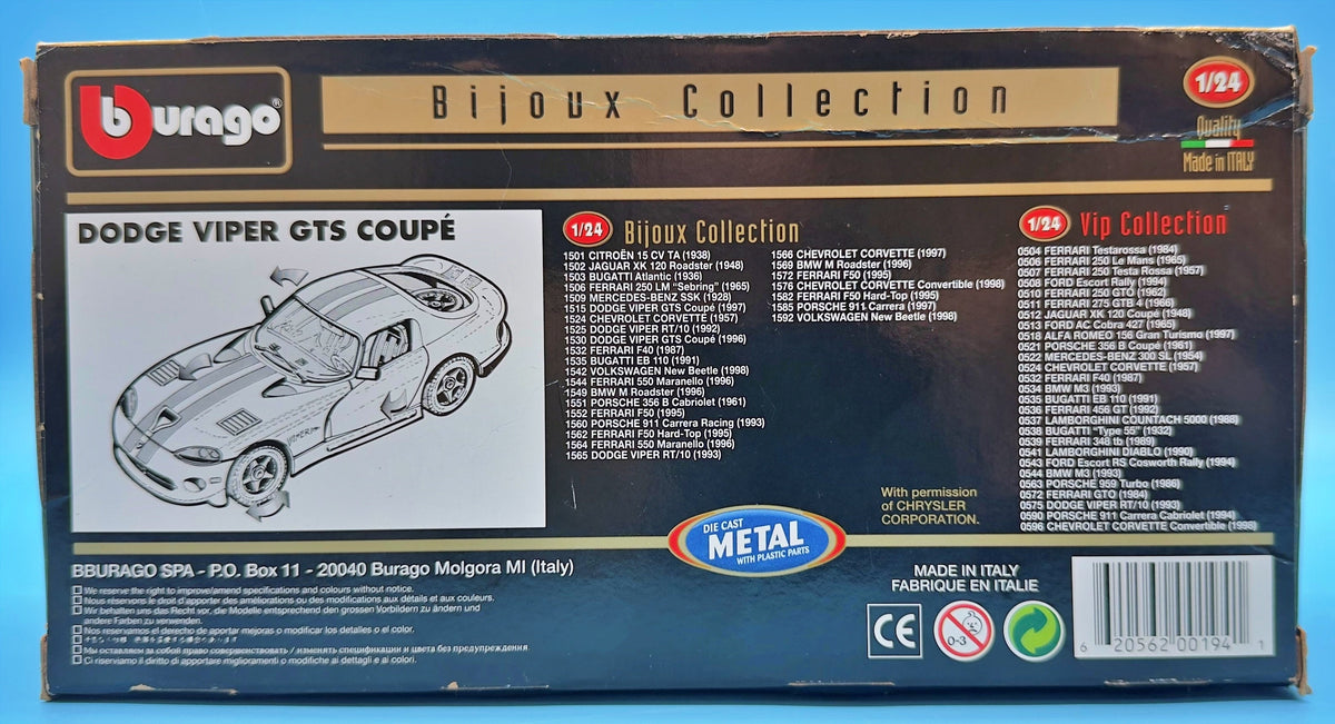 Bburago 1:24 1997 Dodge Viper GTS Coupe Red White Stripes Cod 1515 - Made in Italy - Never Removed - C-6 Box - The A.M.Y. Depot
